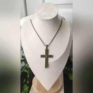 Brass Green Crystal Cross Pendant on 18" Chain